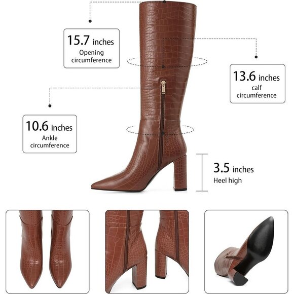 🆕Women Brown Knee High Faux Crocodile Long Tall Pointed Chunky High Heel Boots - Picture 3 of 6
